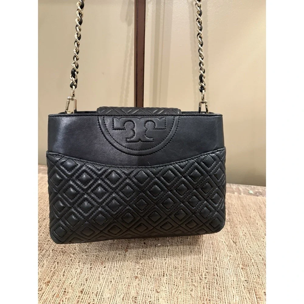 Tory Burch Fleming Quilted Open Crossbody Shoulder Bag Purse Style Black‎